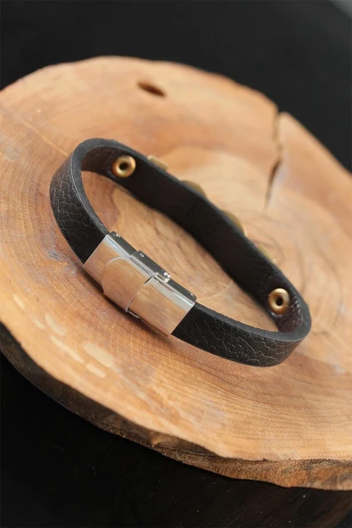 Gold Renk Sonsuzluklu Metal Aksesuarlı Siyah Deri Erkek Bileklik - Resim 2