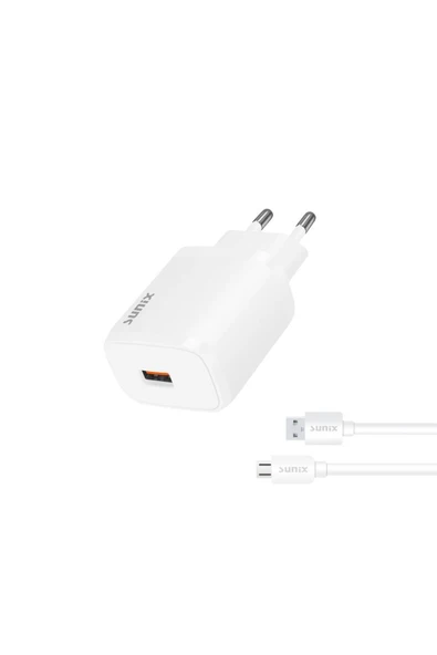SUNİX Qualcomm 3.0 Usb-a Girişli Hızlı Micro Şarj Aleti Seti Beyaz S-30