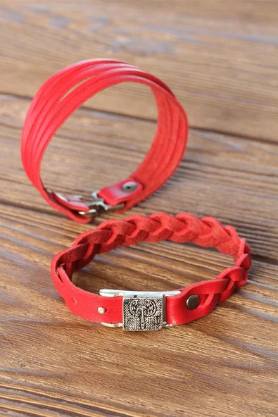 Metal Aksesuarlı Kırmızı Renk Deri Erkek Bileklik Kombin - Resim 4