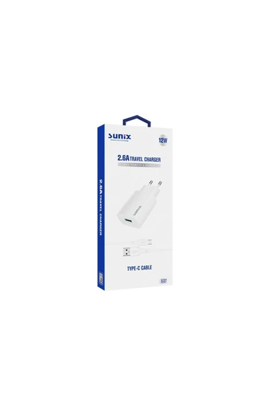 SUNİX 2.6a Usb-a Girişli Type-c Şarj Aleti Seti Beyaz S-27 - Resim 2