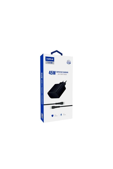 SUNİX 45w Usb-c Süper Hızlı Şarj Aleti Seti Type-c Siyah S-50 - Resim 2