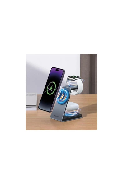 SUNİX 3in1 15w Telefon 2,5w Saat 3,5w Kulaklık Kablosuz Şarj Istasyonu Mg-80 - Resim 2