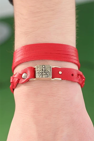 Metal Aksesuarlı Kırmızı Renk Deri Erkek Bileklik Kombin - Resim 3