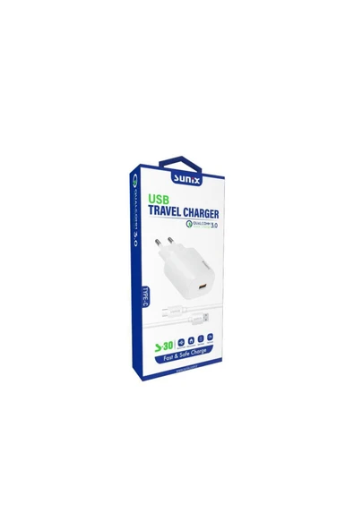 SUNİX Qualcomm 3.0 Usb-a Girişli Hızlı Type-c Şarj Aleti Seti Beyaz S-30 - Resim 2
