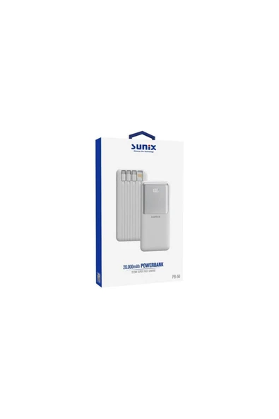 SUNİX 20000 Mah Dijital Göstergeli Dahili Çoklu Kablolu Taşınabilir Powerbank Beyaz Pb-50 - Resim 3