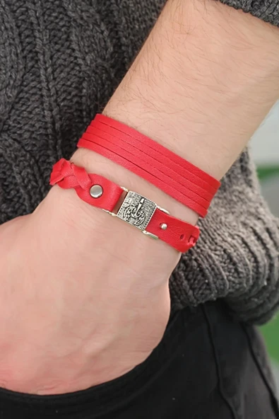 Metal Aksesuarlı Kırmızı Renk Deri Erkek Bileklik Kombin - Resim 2