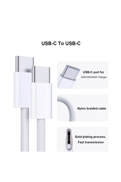 SUNİX iPhone 15/16 Uyumlu 60W USB-C Hızlı Şarj Kablosu | Type-C to Type-C | Dayanıklı Örgülü Kablo - Resim 2