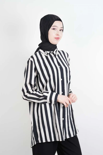 Tesettür Kadın Gömlek Çizgili Yaka Taşlı Modal Gömlek Siyah - 3