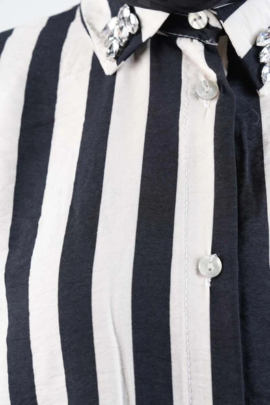 Tesettür Kadın Gömlek Çizgili Yaka Taşlı Modal Gömlek Siyah - 4