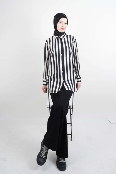 Tesettür Kadın Gömlek Çizgili Yaka Taşlı Modal Gömlek Siyah - 2