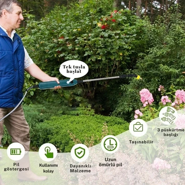 Monozone Elektrikli Basınçlı Su Tabancası Şarj Edilir Elektrikli Bahçe Sulama Püskürtücü 5m Hortum - Resim 2