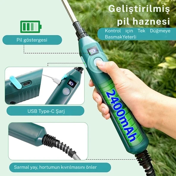 Monozone Elektrikli Basınçlı Su Tabancası Şarj Edilir Elektrikli Bahçe Sulama Püskürtücü 5m Hortum - Resim 6