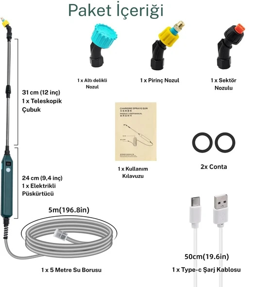 Monozone Elektrikli Basınçlı Su Tabancası Şarj Edilir Elektrikli Bahçe Sulama Püskürtücü 5m Hortum - Resim 3