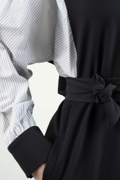 Tesettür Elbise Kol Gömlekli Double Krep Cepli Elbise Siyah - 5