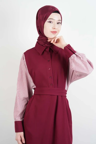 Tesettür Elbise Kol Gömlekli Double Krep Cepli Elbise Bordo - 2