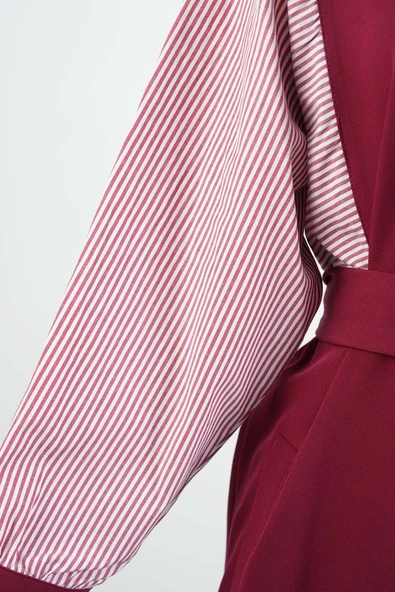 Tesettür Elbise Kol Gömlekli Double Krep Cepli Elbise Bordo - 5