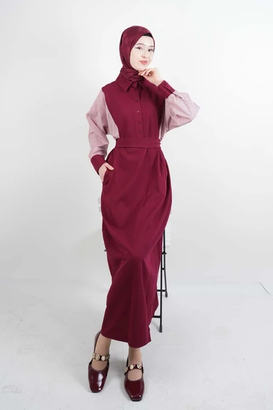 Tesettür Elbise Kol Gömlekli Double Krep Cepli Elbise Bordo