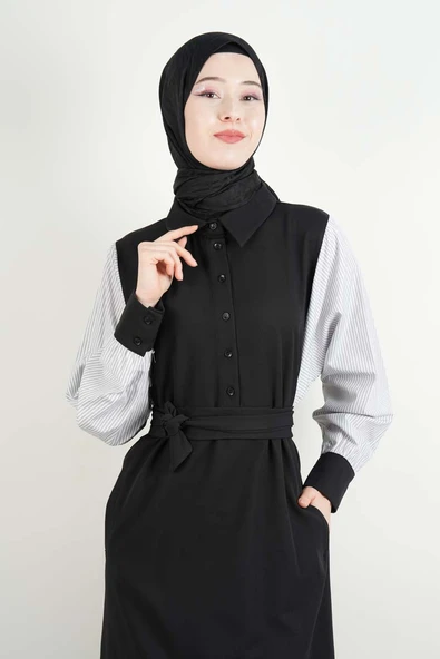 Tesettür Elbise Kol Gömlekli Double Krep Cepli Elbise Siyah - 3