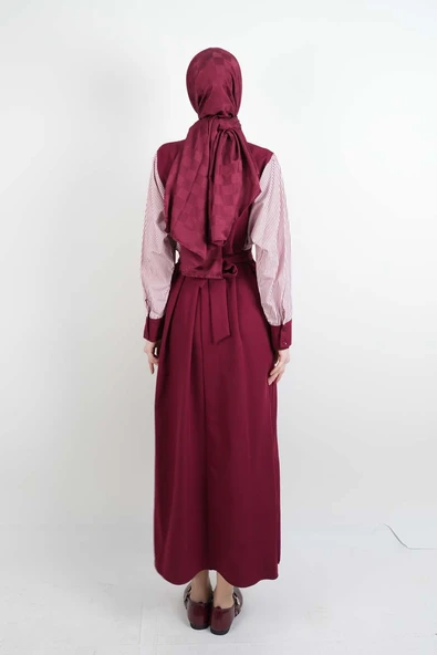 Tesettür Elbise Kol Gömlekli Double Krep Cepli Elbise Bordo - 4