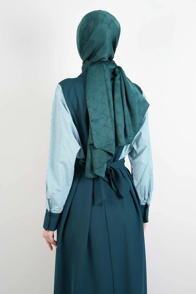 Tesettür Elbise Kol Gömlekli Double Krep Cepli Elbise Yeşil - 4