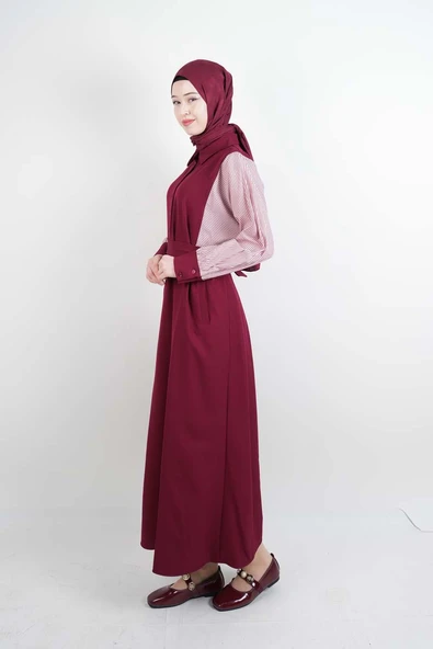 Tesettür Elbise Kol Gömlekli Double Krep Cepli Elbise Bordo - 3