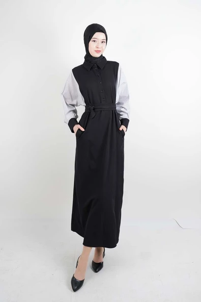 Tesettür Elbise Kol Gömlekli Double Krep Cepli Elbise Siyah