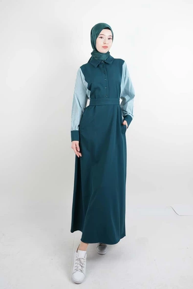Tesettür Elbise Kol Gömlekli Double Krep Cepli Elbise Yeşil