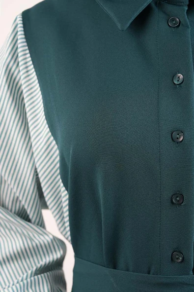 Tesettür Elbise Kol Gömlekli Double Krep Cepli Elbise Yeşil - 5