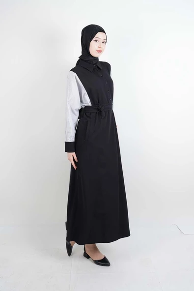 Tesettür Elbise Kol Gömlekli Double Krep Cepli Elbise Siyah - 2