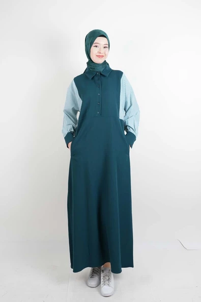 Tesettür Elbise Kol Gömlekli Double Krep Cepli Elbise Yeşil - 2