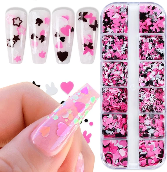 Pembe Beyaz Tırnak Süsleme Folyo Pulları Karışık Dizayn Kelebek Kalp Tavşan Nail Art - 5