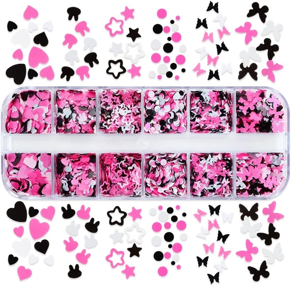 Pembe Beyaz Tırnak Süsleme Folyo Pulları Karışık Dizayn Kelebek Kalp Tavşan Nail Art - 3