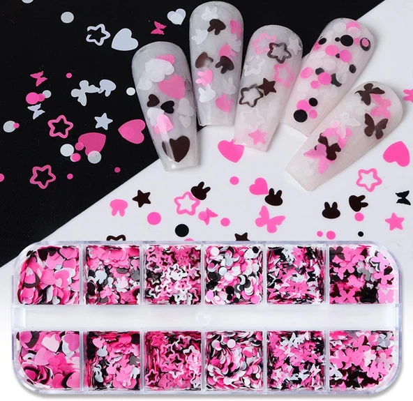 Pembe Beyaz Tırnak Süsleme Folyo Pulları Karışık Dizayn Kelebek Kalp Tavşan Nail Art