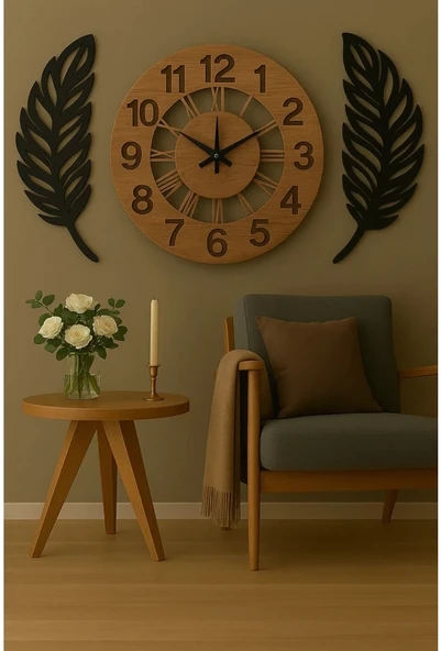 Modern Ahşap dekoratif dekor saat+2li yaprak - 1