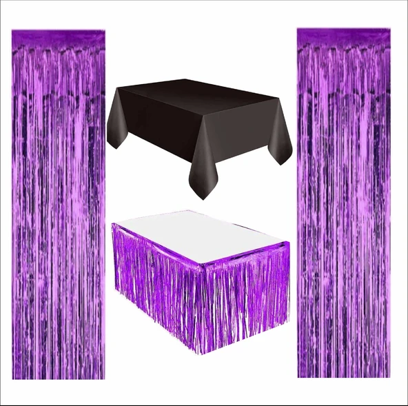 Siyah Masa Örtüsü, Mor Masa Eteği, 2 Adet Mor Arka Fon ürün görseli 1