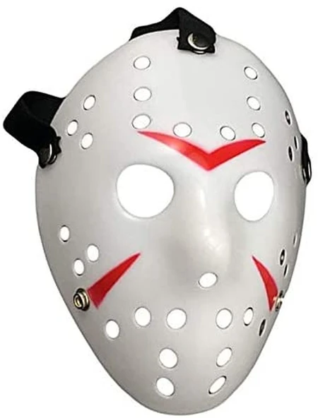 Beyaz Renk Kırmızı Çizgili Tam Yüz Hokey Jason Maskesi Hannibal Maskesi - 4