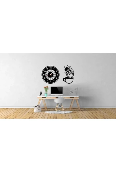 Dekoratif Modern Ahşap dekor Saat+baykus - 1