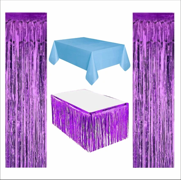 Mavi Masa Örtüsü, Mor Masa Eteği, 2 adet Mor Arka Fon ürün görseli 1
