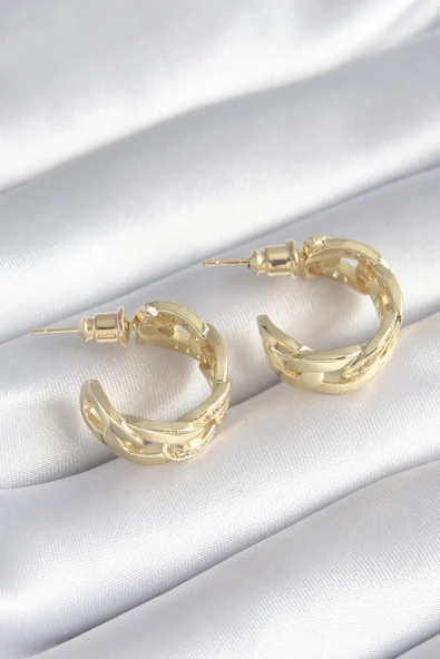 Pirinç Gold Renk Zirkon Taş Detay Zincir Model Kadın Küpe - TJ-BKP8452 - 4