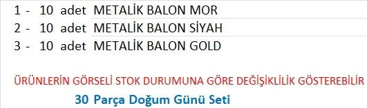 10 Adet Metalik Gold, 10 Adet Metalik Mor, 10 Adet Metalik Siyah Balon - Resim 2