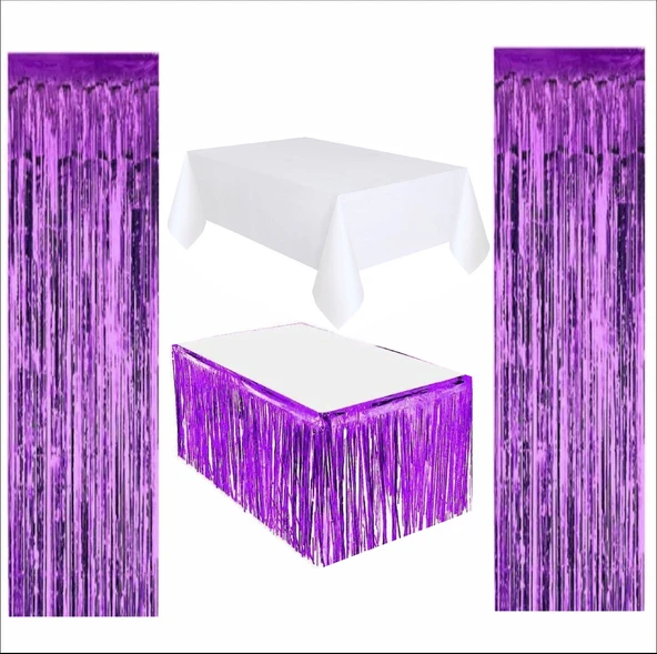 Beyaz Masa Örtüsü, Mor Masa Eteği, 2 adet Mor Arka Fon ürün görseli 1