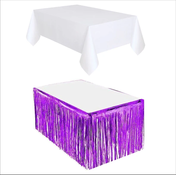 Beyaz Masa Örtüsü, Mor Masa Eteği, 2 adet Mor Arka Fon - Resim 2