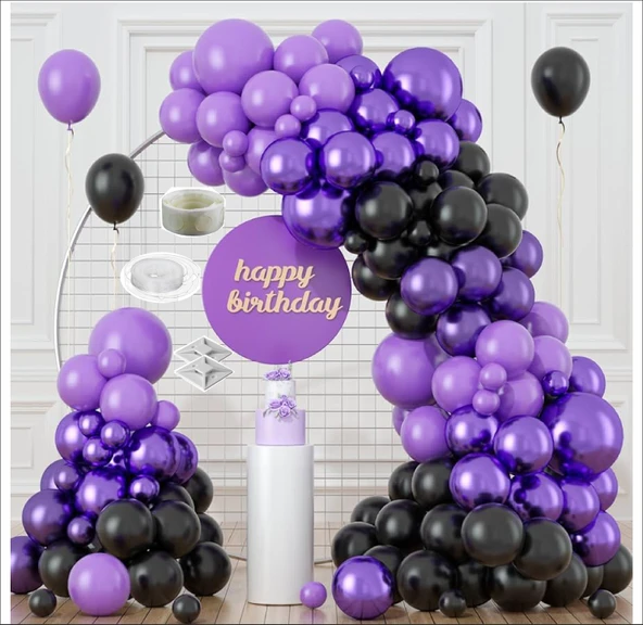 30 Adet Pastel Mor, 30 Adet Metalik Mor, 30 Adet Pastel Siyah Balon ürün görseli 1