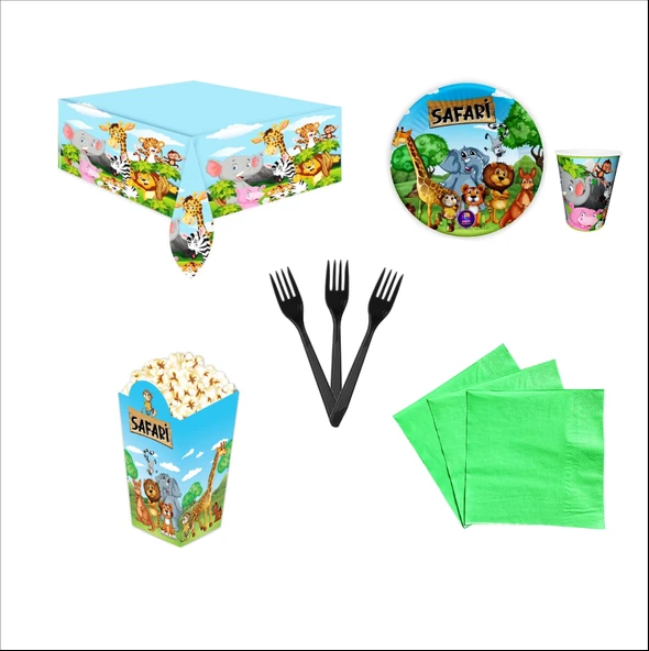 Safari 8 adet Tabak, 8 adet Bardak, 10 adet Peçete, 10 adet Çatal, Masa Örtüsü, 8 adet Mısır Kutusu ürün görseli 1