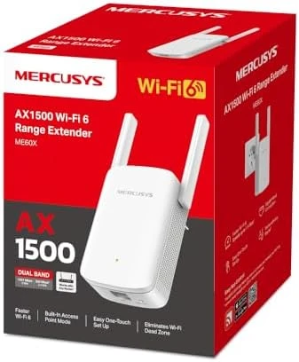 Mercusys ME60X, AX1500 Mbps, 1 Gigabit Bağlantı Noktası ve 2 Harici Anten, Dahili Access Point Modu, Tek Tuşla Kolay Kurulum, Mobil Uygulama Desteği, Dual-Band Wi-Fi 6 Menzil Genişletici