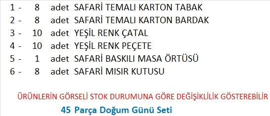 Safari 8 adet Tabak, 8 adet Bardak, 10 adet Peçete, 10 adet Çatal, Masa Örtüsü, 8 adet Mısır Kutusu - Resim 2