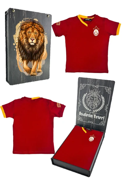 Galatasaray Orijinal 5 Yıldızlı Kırmızı Basic Çocuk T-shirt Gs Aslan Baskılı Hediyelik Ahşap Kutulu