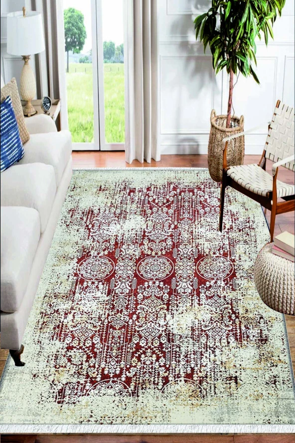 Kırmızı Beyaz Vintage Desenli Yıkanabilir Kaymaz Salon Halısı Dekoratif Kilim