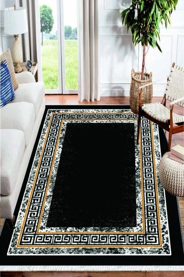Kilit Desen Siyah Kutular Desenli Yıkanabilir Kaymaz Salon Halısı Dekoratif Kilim Arm-1177
