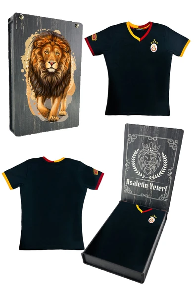 Galatasaray Orijinal 5 Yıldızlı Siyah Basic Çocuk T-shirt Gs Aslan Baskılı Hediyelik Ahşap Kutulu